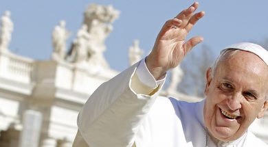 Francis waves as he leads the weekly audience in Saint Peter’s Square at the Vatican